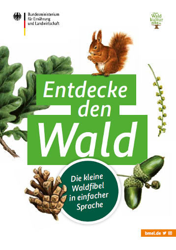 Titelbild der Broschüre 'Entdecke den Wald - Die kleine Waldfibel in Leichter Sprache''