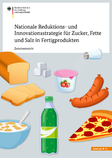 Cover des Zwischenberichts mit Illustrationen von Salzstreuern, Brot, Wurst, Getränkeflaschen, Pizza und Zuckerwürfeln