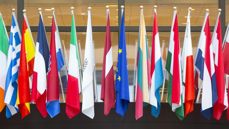 Flaggen der EU-Mitgliedsländer nebeneinander