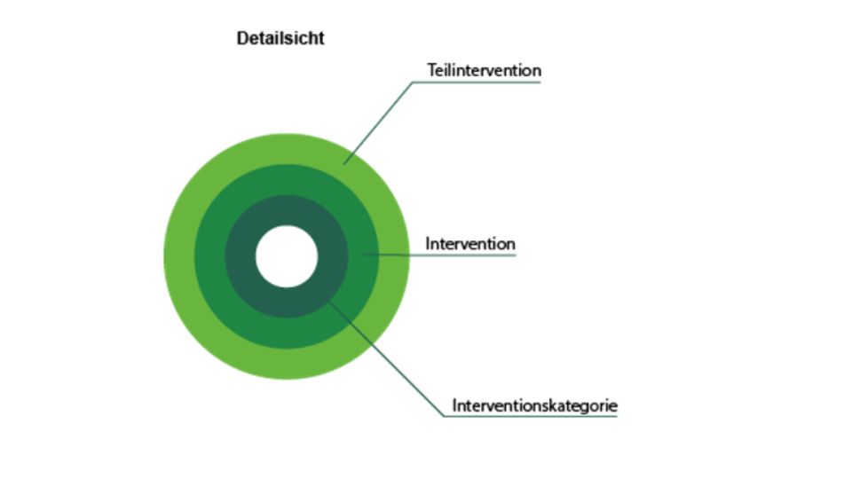 Kreisdiagramm zur Erläuterung des GAP-Dashboards in verschiedenen Grüntönen; innerer Kreis: Interventionskategorie, mittlerer Kreis: Intervention; äußerer Kreis: Interventionskategorie