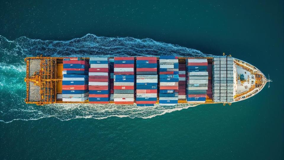 Containerschiff aus der Vogelperspektive fotografiert