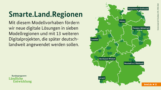 Eine Deutschlandkarte zeigt: Mit diesem Modellvorhaben fördern wir neue digitale Lösungen in sieben Modellregionen und mit 13 weiteren Digitalprojekten, die später deutschlandweit angewendet werden sollen.
