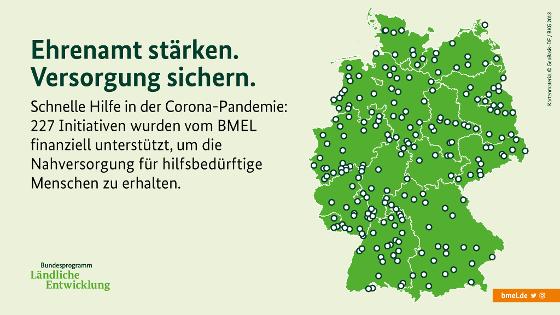 Eine Deutschlandkarte zeigt: Schnelle Hilfe in der Corona-Pandemie - 227 Initiativen wurden vom BMEL finanziell unterstützt, um die Nahversorgung für hilfsbedürftige Menschen zu erhalten. 