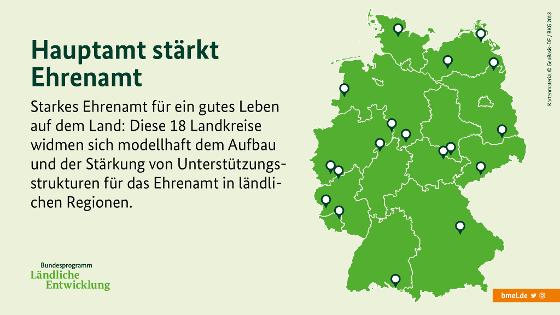 Eine Deutschlandkarte zeigt: Starkes Ehrenamt für ein gutes Leben auf dem Land - Diese 18 Landkreise widmen sich modelhaft dem Aufbau und der Stärkung von Unterstützungsstrukturen für das Ehrenamt in ländlichen Regionen.
