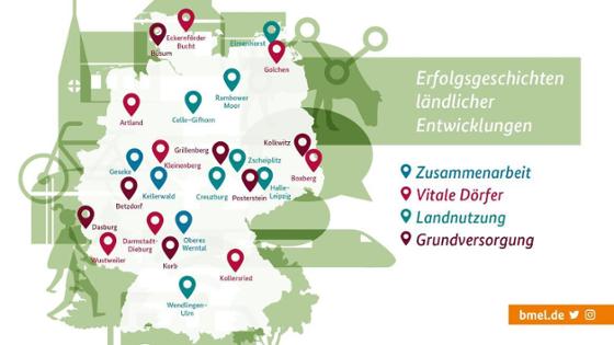 Eine Deutschlandkarte zeigt Orte in Deutschland, die Erfolgsbeispiele in der ländlichen Entwicklung sind.