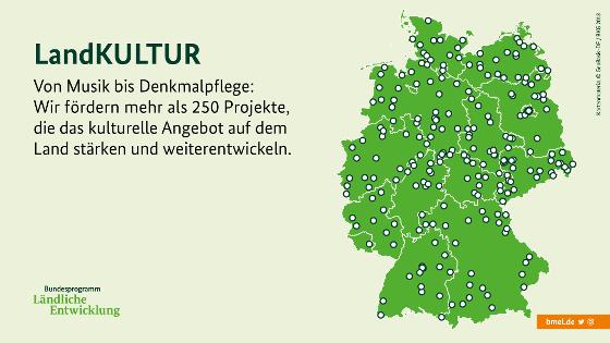 Eine Deutschlandkarte zeigt: Von Musik bis Denkmalpflege - Wir fördern mehr als 250 Projekte, die das kulturelle Angebot auf dem Land stärken und weiterentwickeln. 