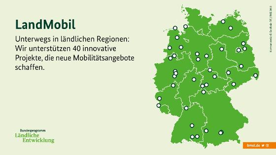 Eine Deutschlandkarte zeigt: Unterwegs in ländlichen Regionen - Wir unterstützten 40 innovative Projekte, die neue Mobilitätsangebote schaffen. 